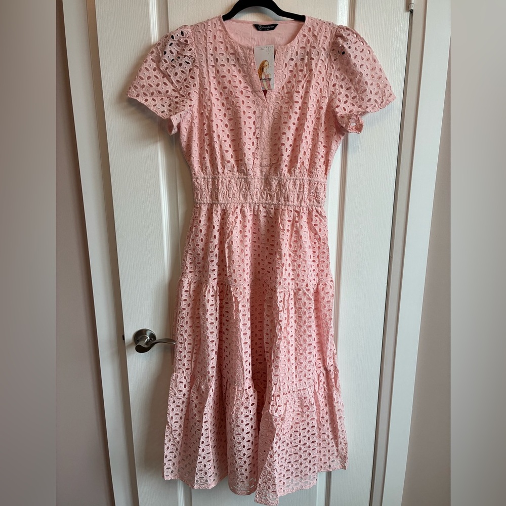 NWT Long Cotton Pink Eyelet Tiered Dress